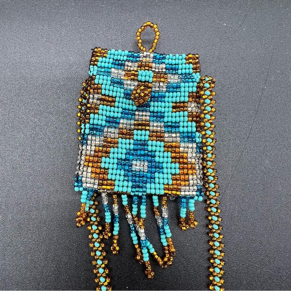Vintage Turquoise Gold Seed Bead Peyote Amulet Pouch Necklace Fringe - Picture 4 of 8